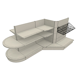 Gôndola de supermercado com prateleiras, montantes de 30x60mm, passo de furos de 50mm